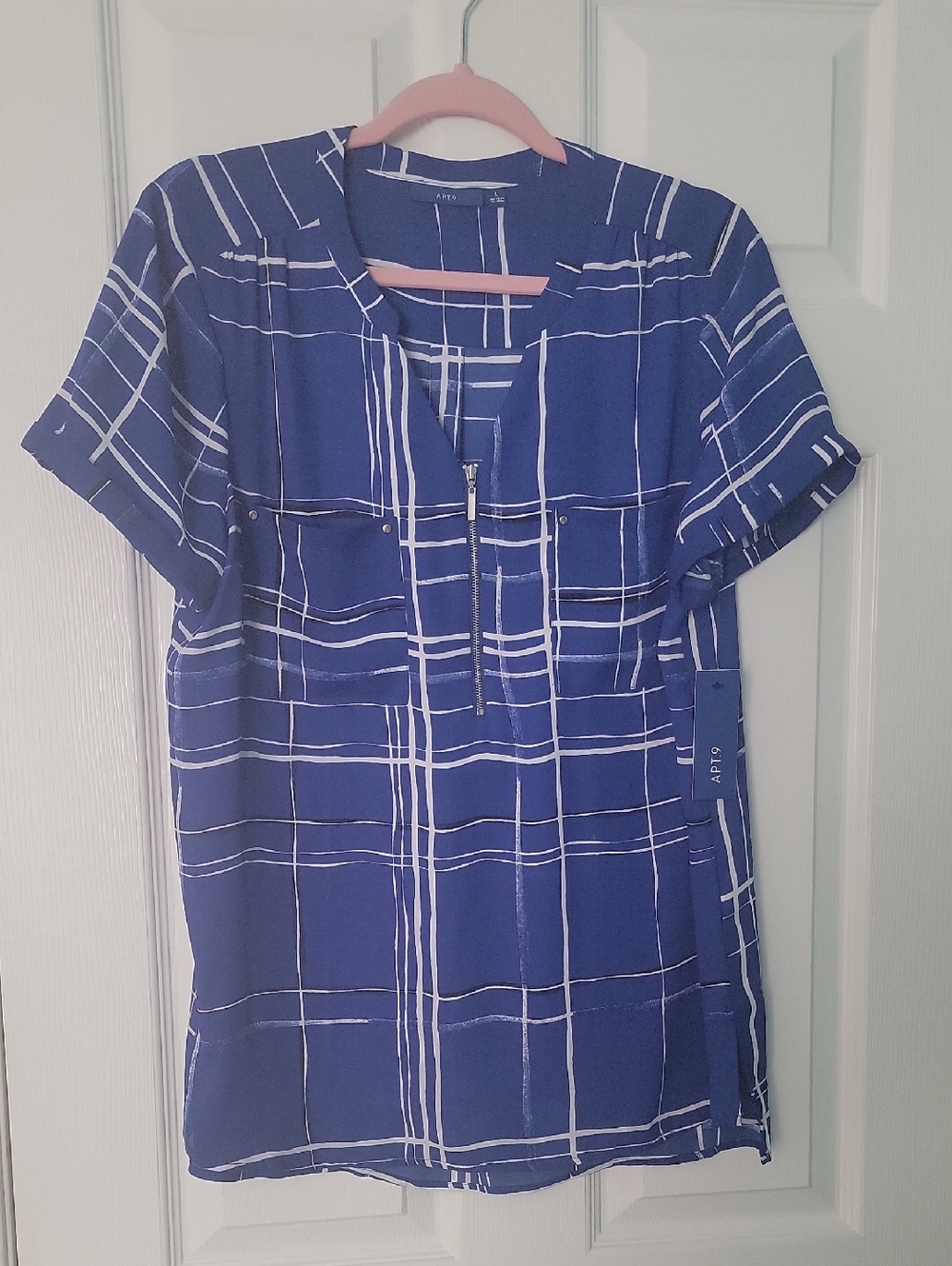 Apt. 9 Blue and White Zip-Front Short Sleeve Blouse